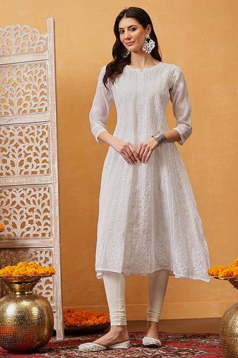 Hand embroidered white cotton lucknowi chikankari anarkali a-line kurta