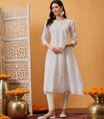 Hand embroidered white cotton lucknowi chikankari anarkali a-line kurta