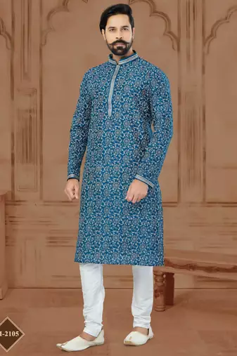 Blue Silk Dupion Printed Kurta Pajama For Mens