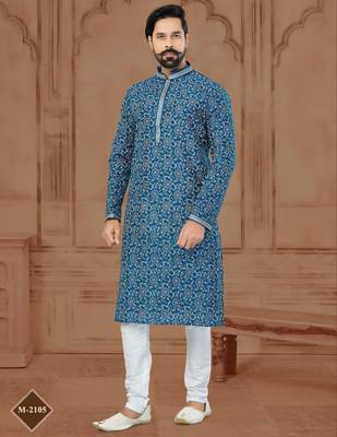 Blue Silk Dupion Printed Kurta Pajama For Mens 2