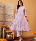 Hand embroidered lilac cotton lucknowi chikankari anarkali a-line kurta