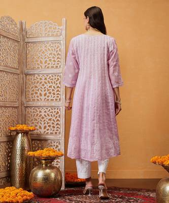 Hand embroidered lilac cotton lucknowi chikankari anarkali a-line kurta 2