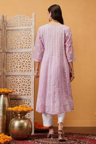 Hand embroidered lilac cotton lucknowi chikankari anarkali a-line kurta