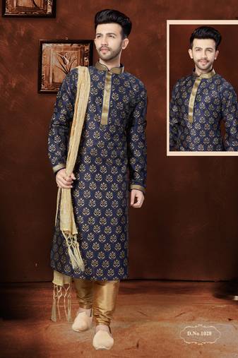 Navy Blue Bangloru Silk Printed Kurta Pajama For Mens