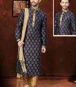 Navy Blue Bangloru Silk Printed Kurta Pajama For Mens