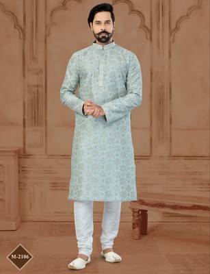 Grey Silk Dupion Printed Kurta Pajama For Mens 1