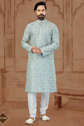 Grey Silk Dupion Printed Kurta Pajama For Mens