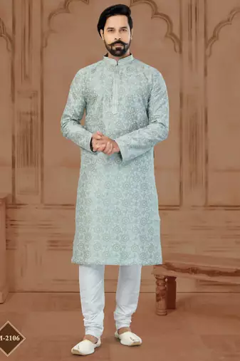 Grey Silk Dupion Printed Kurta Pajama For Mens
