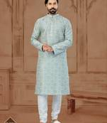 Grey Silk Dupion Printed Kurta Pajama For Mens
