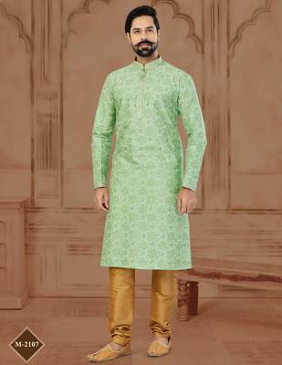 Green Silk Dupion Printed Kurta Pajama For Mens 1