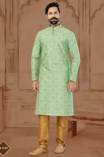Green Silk Dupion Printed Kurta Pajama For Mens