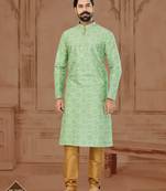 Green Silk Dupion Printed Kurta Pajama For Mens