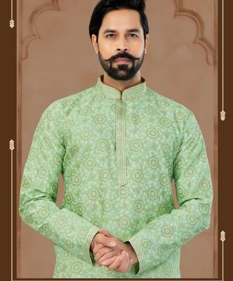 Green Silk Dupion Printed Kurta Pajama For Mens 2