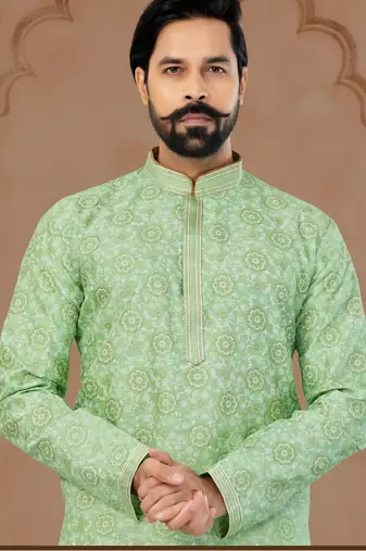 Green Silk Dupion Printed Kurta Pajama For Mens