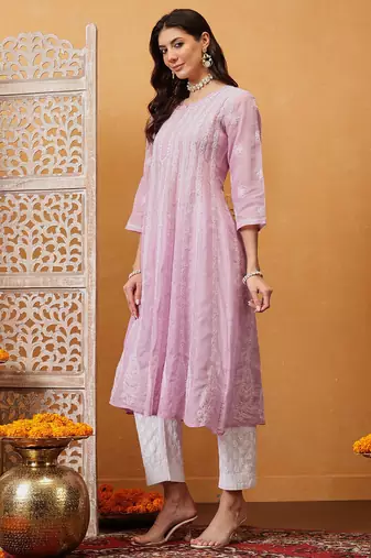 Hand embroidered lilac cotton lucknowi chikankari anarkali a-line kurta