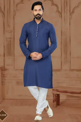 Navy Blue Star Silk Plain Kurta Pajama For Mens