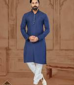 Navy Blue Star Silk Plain Kurta Pajama For Mens