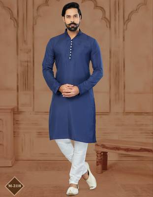 Navy Blue Star Silk Plain Kurta Pajama For Mens 2