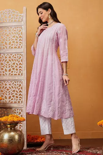 Hand embroidered lilac cotton lucknowi chikankari anarkali a-line kurta
