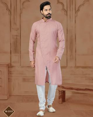 Peach Linen Cotton Plain Kurta Pajama For Mens 1