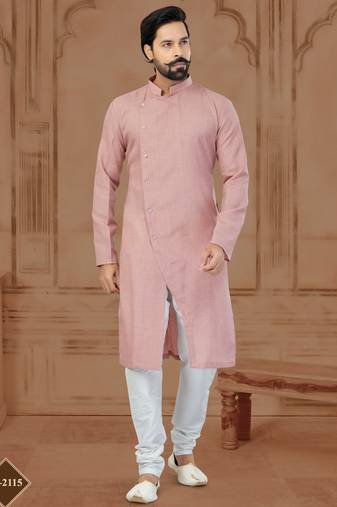 Peach Linen Cotton Plain Kurta Pajama For Mens