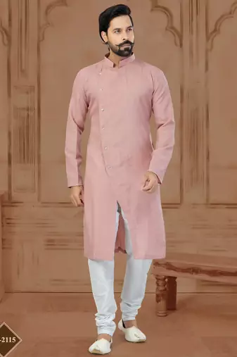 Peach Linen Cotton Plain Kurta Pajama For Mens