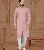 Peach Linen Cotton Plain Kurta Pajama For Mens