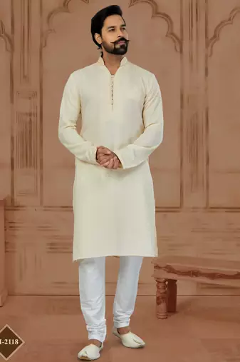 Cream Star Silk Plain Kurta Pajama For Mens
