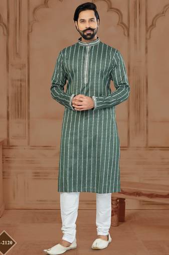 Green Soft Cotton Woven Kurta Pajama For Mens
