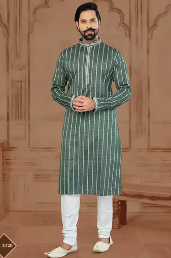 Green Soft Cotton Woven Kurta Pajama For Mens