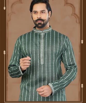 Green Soft Cotton Woven Kurta Pajama For Mens 2