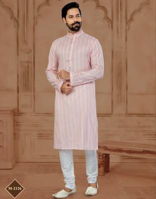 Light Pink Soft Cotton Woven Kurta Pajama For Mens 1