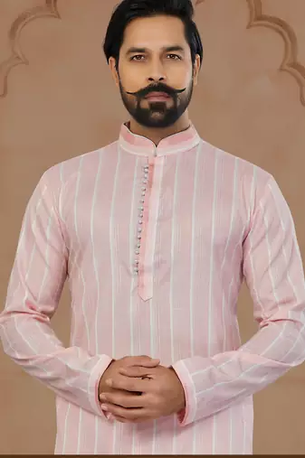 Light Pink Soft Cotton Woven Kurta Pajama For Mens