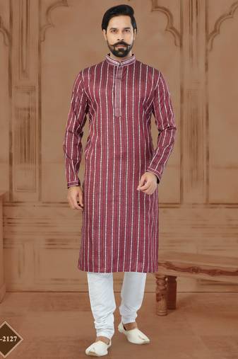Dark Maroon Soft Cotton Woven Kurta Pajama For Mens