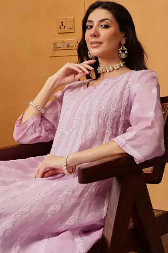 Hand embroidered lilac cotton lucknowi chikankari anarkali a-line kurta