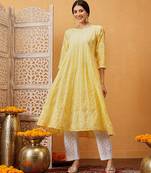 Hand embroidered yellow cotton lucknowi chikankari anarkali a-line kurta