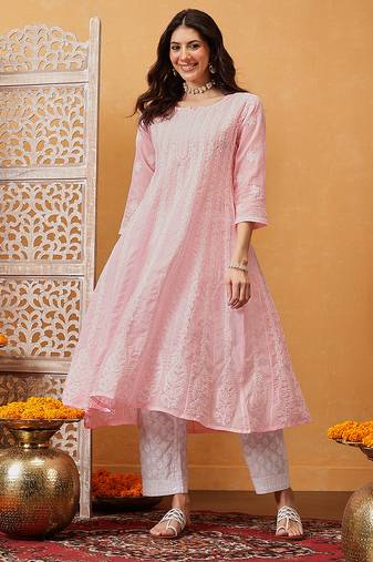 Hand embroidered pink cotton lucknowi chikankari anarkali a-line kurta