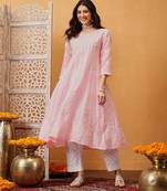 Hand embroidered pink cotton lucknowi chikankari anarkali a-line kurta