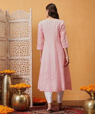 Hand embroidered pink cotton lucknowi chikankari anarkali a-line kurta 2