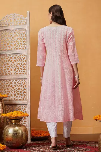 Hand embroidered pink cotton lucknowi chikankari anarkali a-line kurta