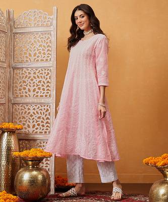 Hand embroidered pink cotton lucknowi chikankari anarkali a-line kurta 3