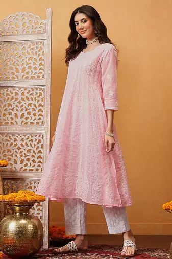 Hand embroidered pink cotton lucknowi chikankari anarkali a-line kurta