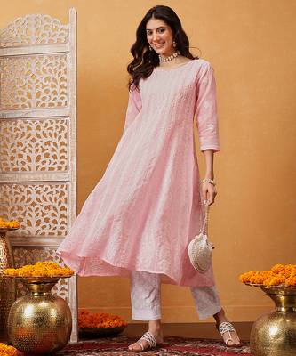 Hand embroidered pink cotton lucknowi chikankari anarkali a-line kurta 4