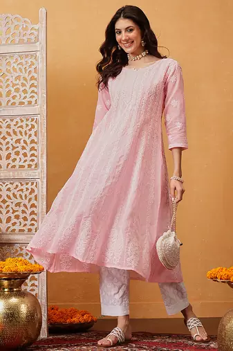 Hand embroidered pink cotton lucknowi chikankari anarkali a-line kurta