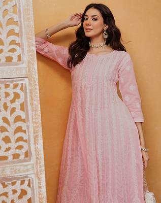 Hand embroidered pink cotton lucknowi chikankari anarkali a-line kurta 5