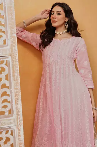 Hand embroidered pink cotton lucknowi chikankari anarkali a-line kurta