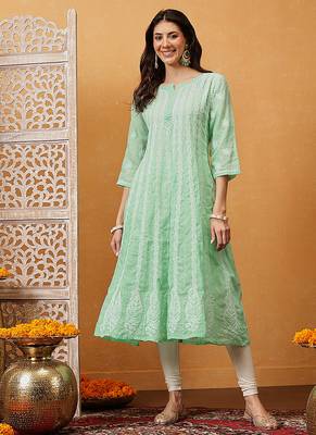 Hand embroidered sea green cotton lucknowi chikankari anarkali a-line kurta 1