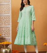 Hand embroidered sea green cotton lucknowi chikankari anarkali a-line kurta