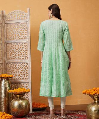 Hand embroidered sea green cotton lucknowi chikankari anarkali a-line kurta 2
