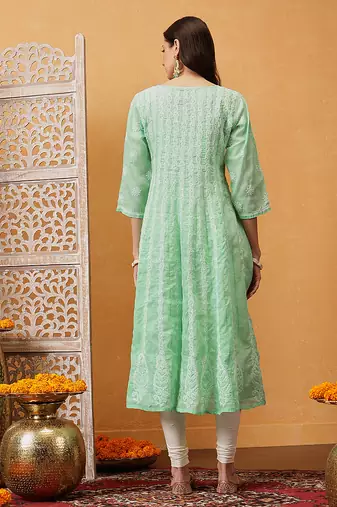 Hand embroidered sea green cotton lucknowi chikankari anarkali a-line kurta